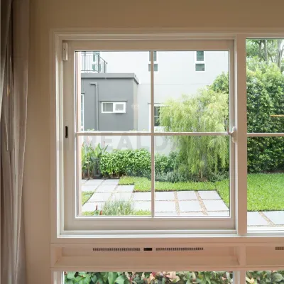 หน้าต่างกระจกบานเลื่อน กรอบประตูวัสดุ UPVC สีขาว พร้อมช่องระบายอากาศ Breeze Panel